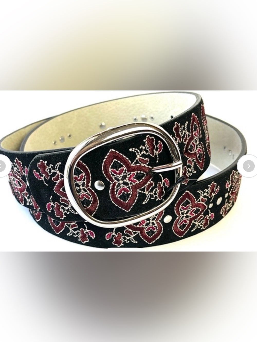 White House Black Market Black Suede Belt with Plum Purple Embroidery